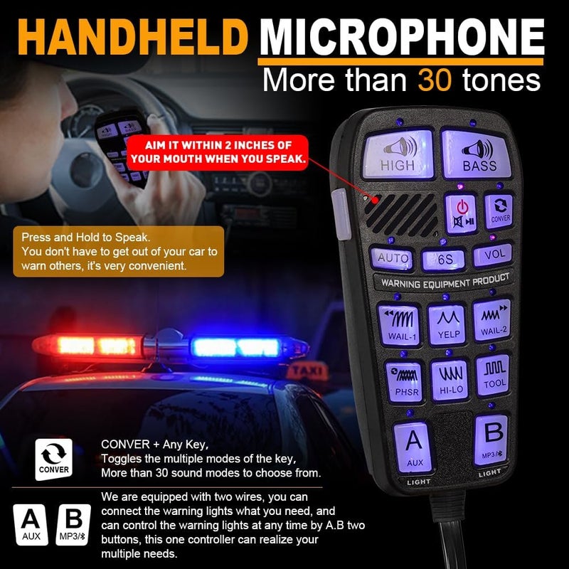 LRTER Emergency Police Siren 200W Multi-Tones PA System Slim Speaker Sirens with Handheld Controller & Mic Microphone Warning Electronic Alarm Horn Kit for Tow Truck Car Vehicles Pickup UTV ATV POV RV - Image 3